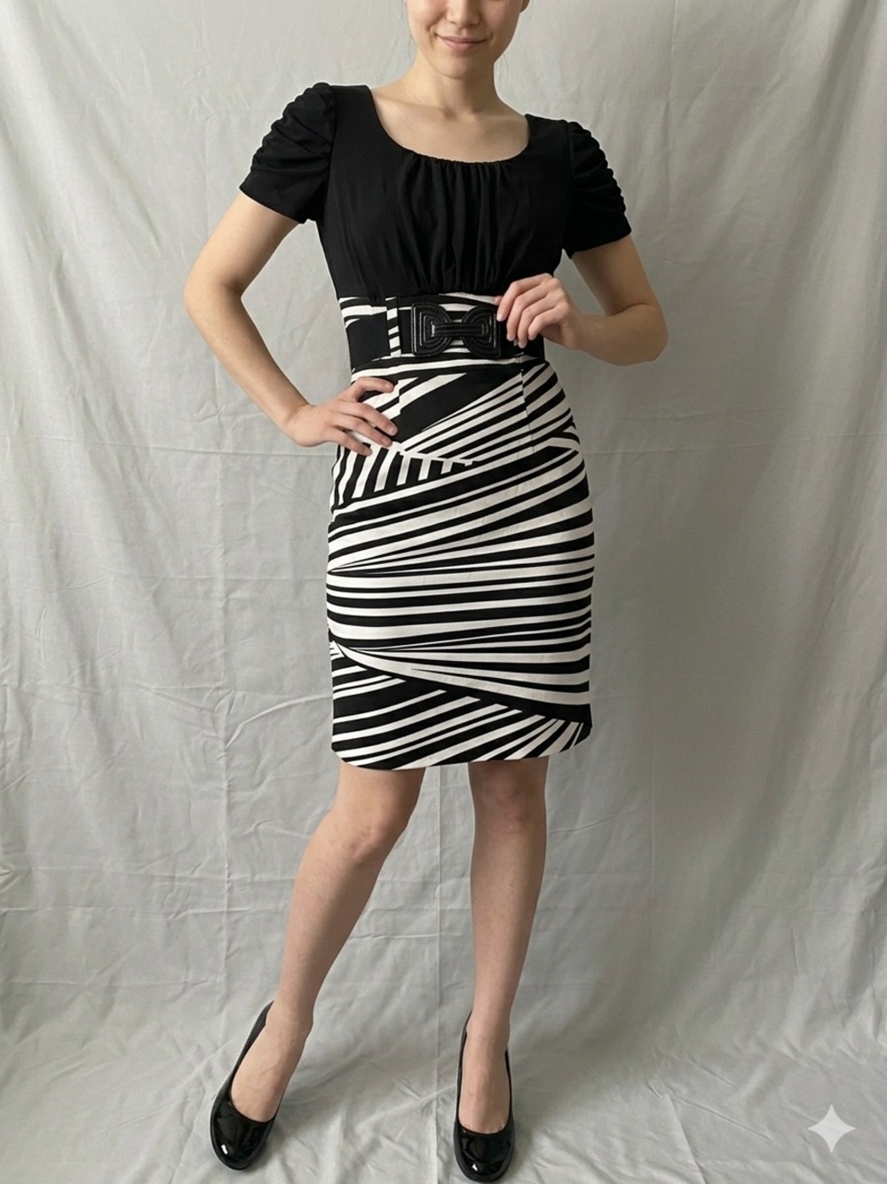 ALYX Limited Mod Striped Graphic Print Dress Size 10 Faux Leather Buckle
